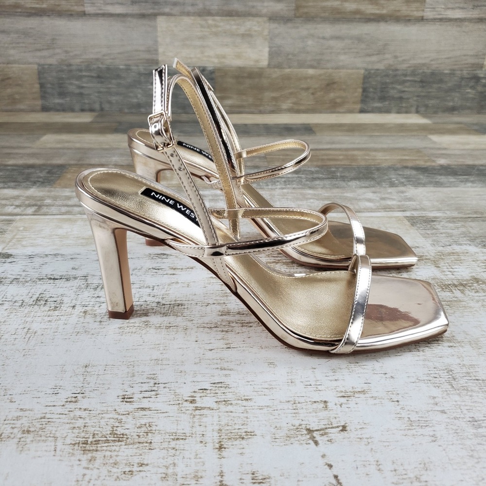 Nine West Olah Womens Sandals Sz 8.5 M Metallic Gold Square-Toe Ankle Strap